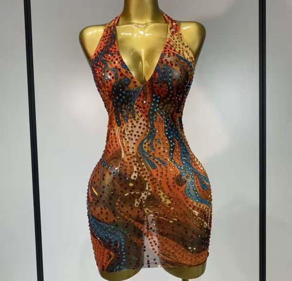 Women Multicolored Rhinestone Halter Sleeveless Mesh Dress