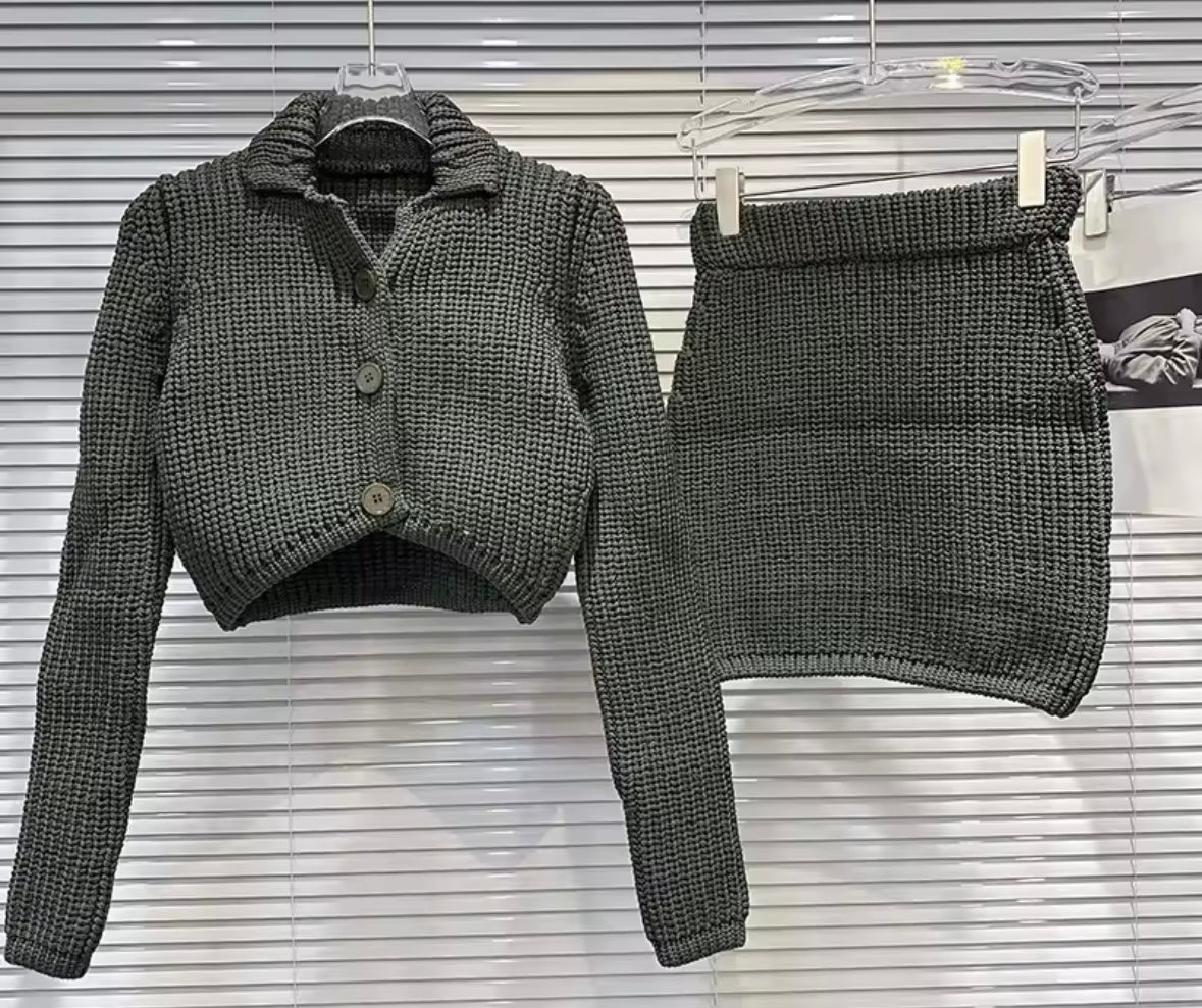 Women Fashion Button Up Full Sleeve Knit Two Piece Skirt Set