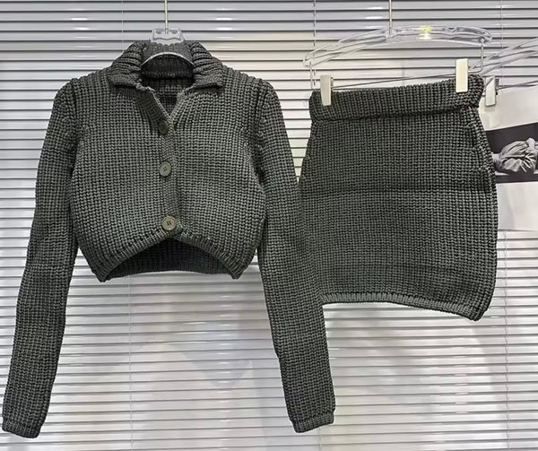 Women Fashion Button Up Full Sleeve Knit Two Piece Skirt Set