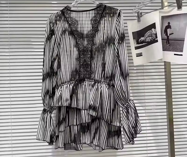 Women B&W Striped Ruffle Full Sleeve Dress