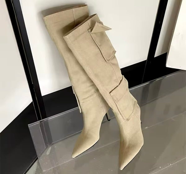 Women Pocket Fashion High Heel Knee High Boots