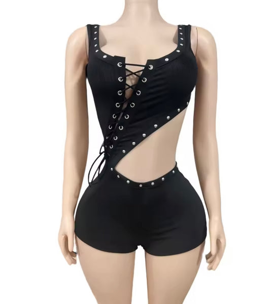 Women Sexy Black Sleeveless Rivet Cut Out Lace Up Romper