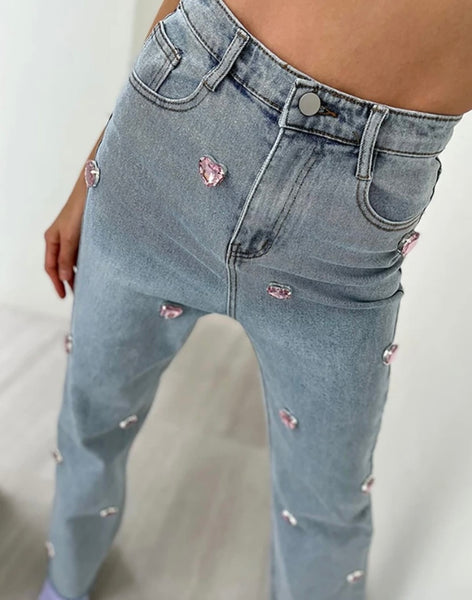 Women Fashion Pink Crystal Heart Patchwork Denim Pants