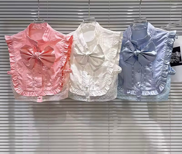 Women Ruffled Bow Button Up Sleeveless Top