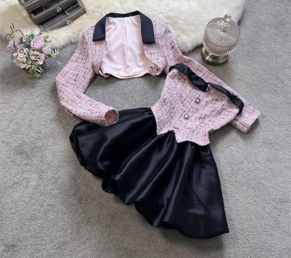 Women Contrast Stitching Tweed Sexy Two Piece Dress
