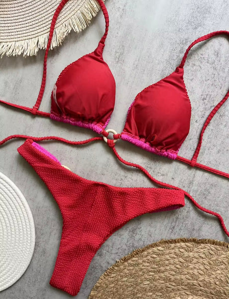 Women Sexy Halter Tie Up Color Patchwork Bikini Swimsuit
