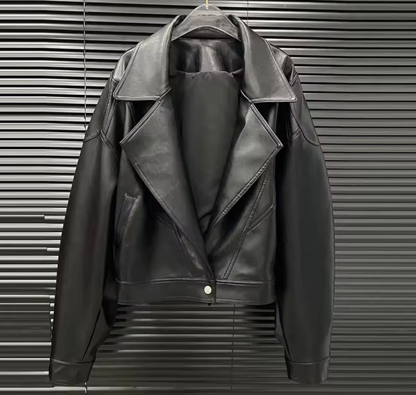 Women Black Detachable Bow Fashion Faux Leather Jacket