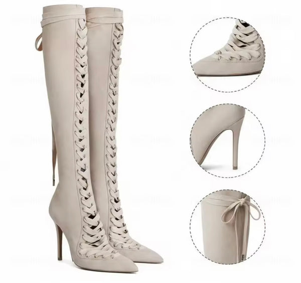 Women Fashion Pointed Toe Lace Up Suede Knee High Boots