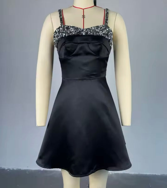 Women Sexy Black Sequins Patchwork Sleeveless Dress