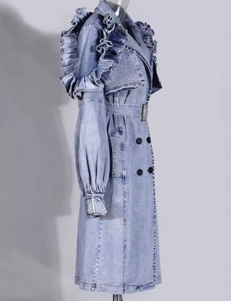 Women Fashion Blue Ruffled Denim Trench Jacket