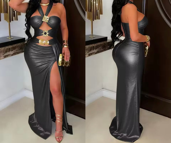 Women Sexy Metallic Halter Sleeveless Cut Out Maxi Dress