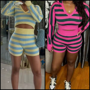 Women Fashion Full Sleeve Hooded Striped Two Piece Short Set