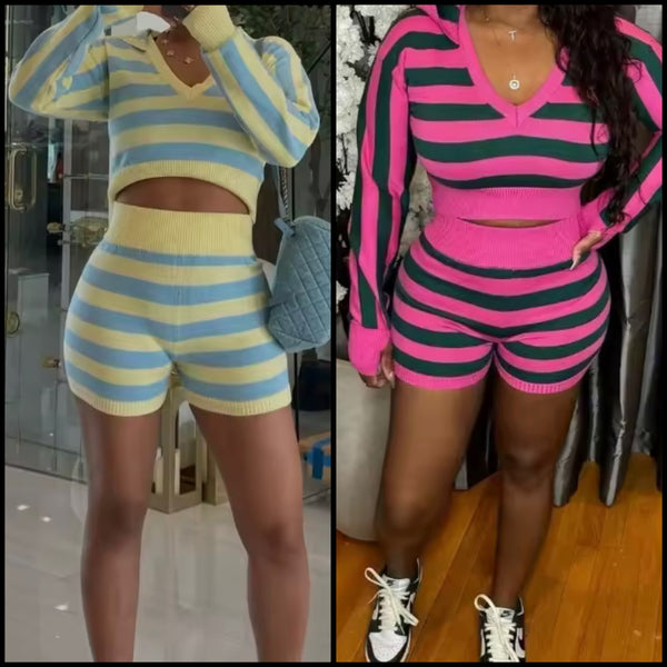 Women Fashion Full Sleeve Hooded Striped Two Piece Short Set