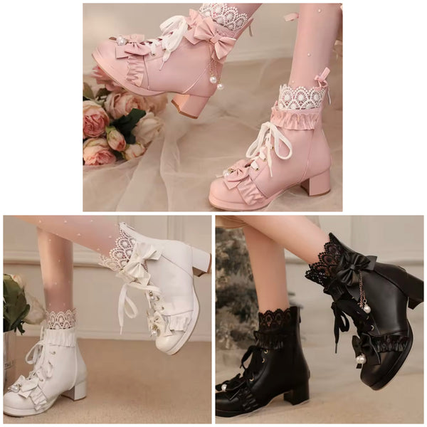 Women Fashion Lace Up Pearl Bow Ankle Boots