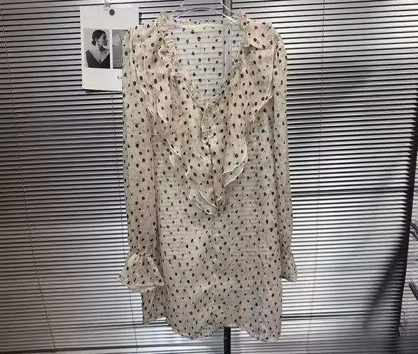 Women Mesh Polka Dot Ruffle Full Sleeve Two Piece Skirt Set