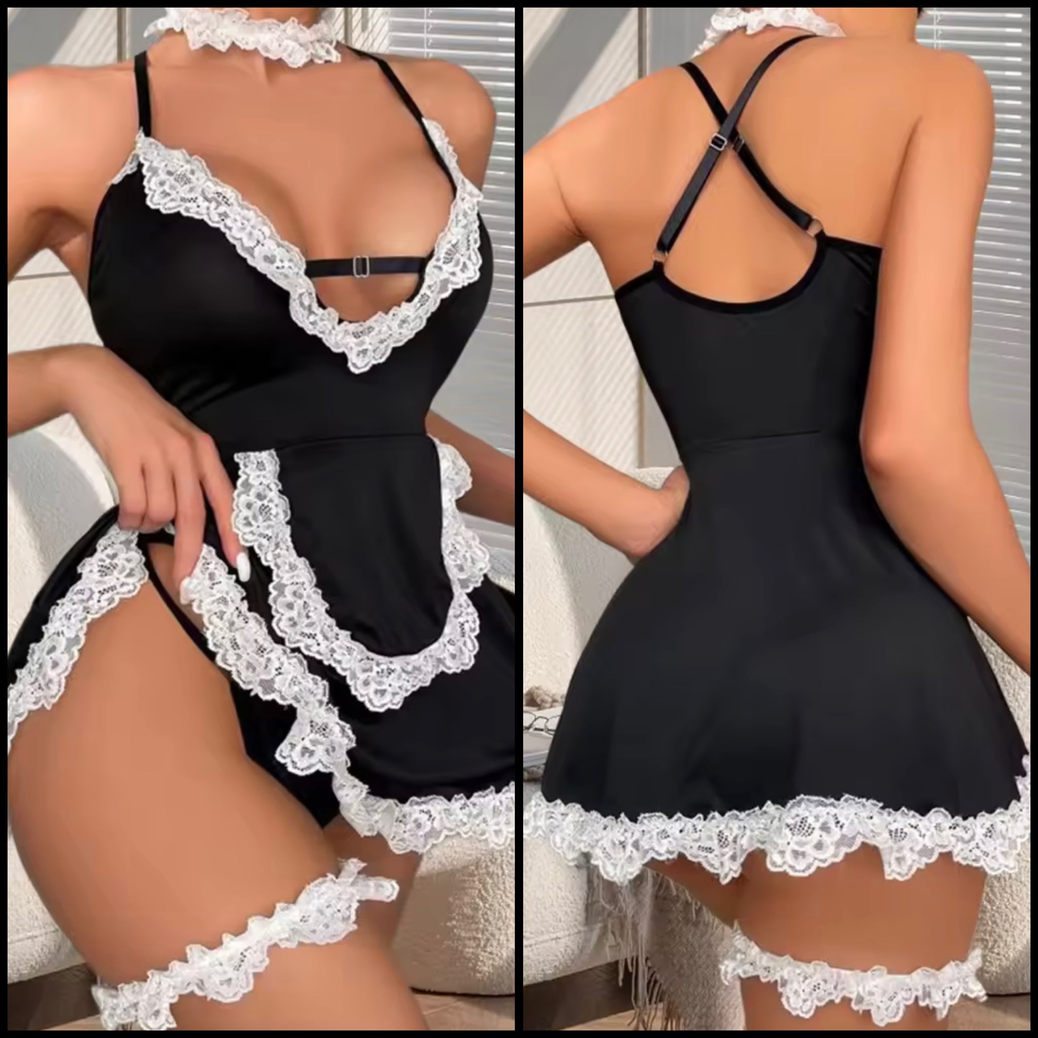 Women B&W Sexy Sleeveless Lace Patchwork Nightgown Lingerie