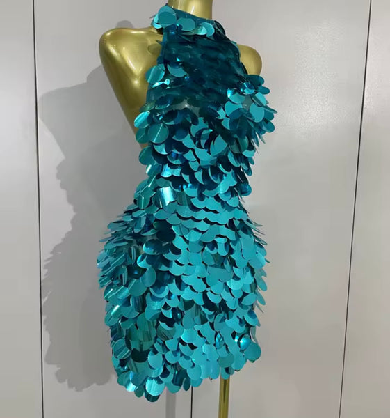 Women Sexy Sequins Halter Sleeveless Open Back Dress