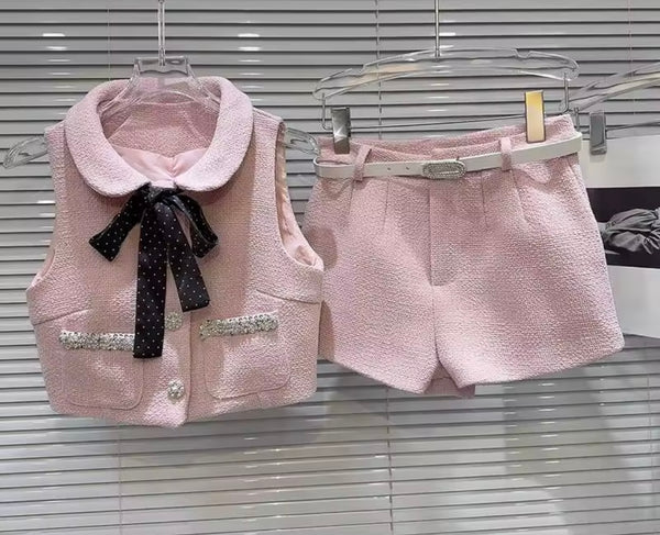 Women Collar Bow Beaded Button Up Sleeveless Two Piece Short Set
