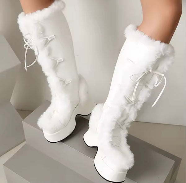 Women Fashion Faux Leather Fur Patchwork Platform Knee High Boots