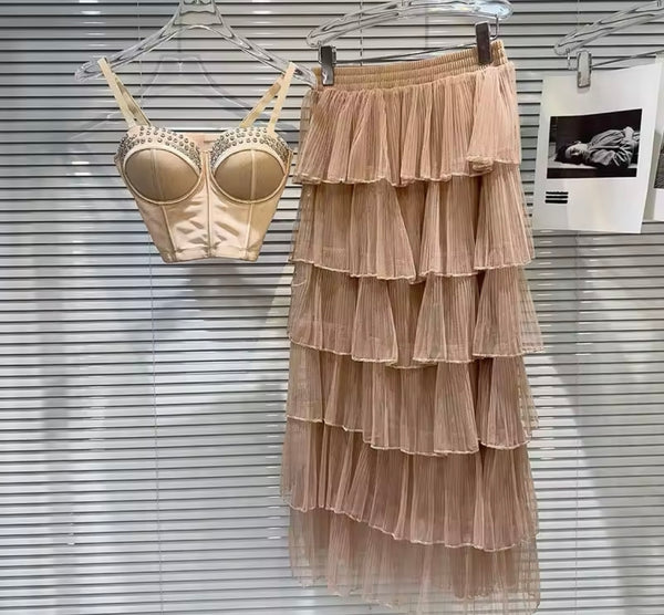 Women Sexy Bling Sleeveless Two Piece Ruffled Mesh Maxi Skirt Set
