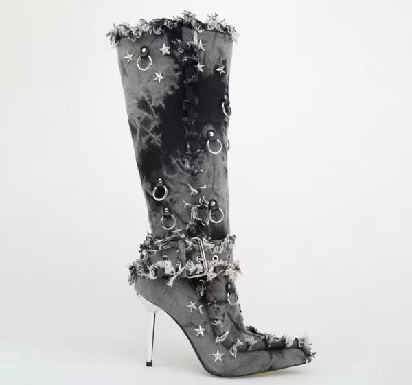 Women Fashion Rivet Fringe Buckle Denim Knee High Boots