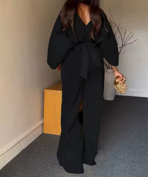 Women Solid Color Pleated Two Piece Fashion Pant Set