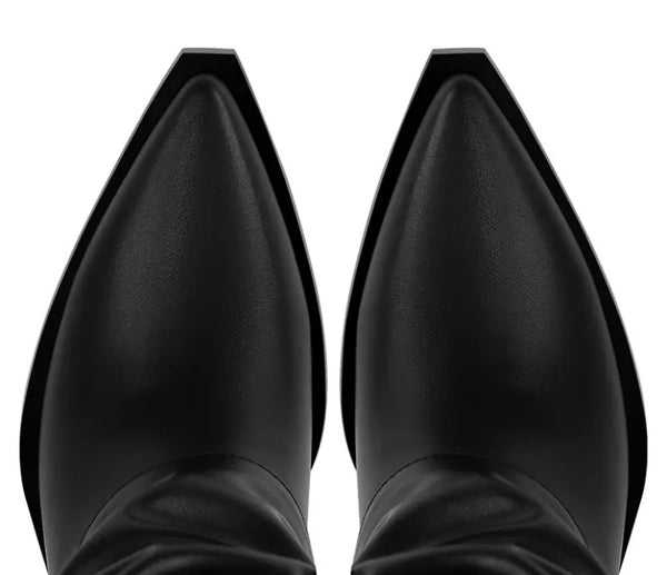 Women Black Faux Leather Metal Ring Fashion Western Boots