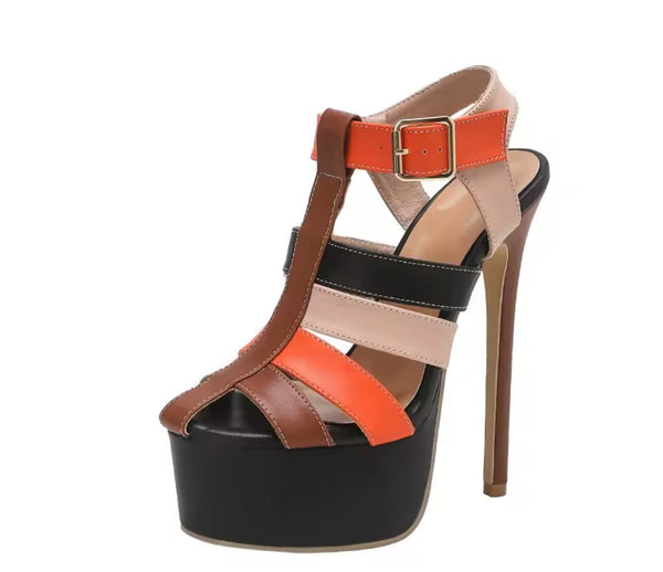 Women Fashion Color Buckled Strap Platform High Heels