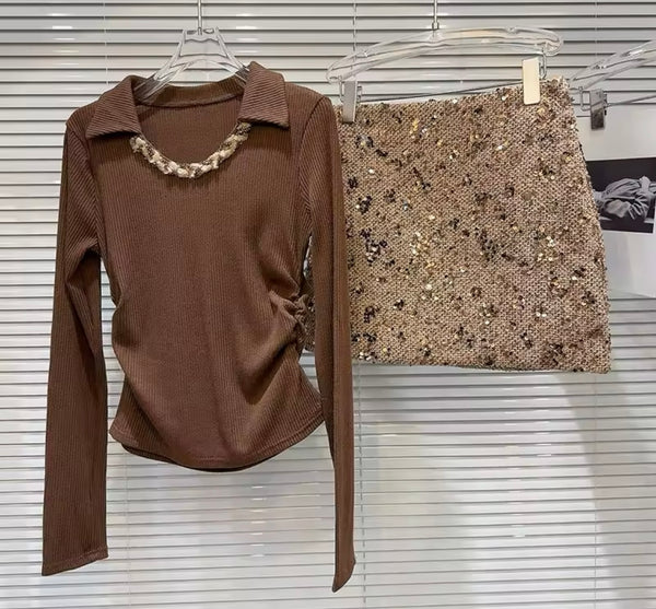 Women Sexy Full Sleeve Two Piece Sequins Skirt Set