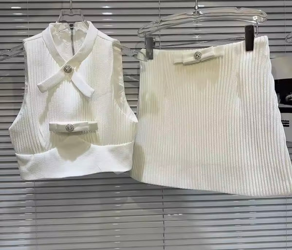 Women Bow Sleeveless Ribbed Two Piece Skirt Set