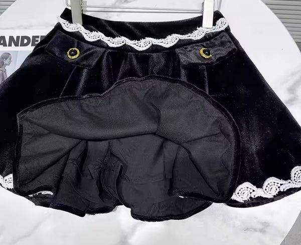 Women B&W Lace Button Up Fashion Two Piece Pleated Skirt Set
