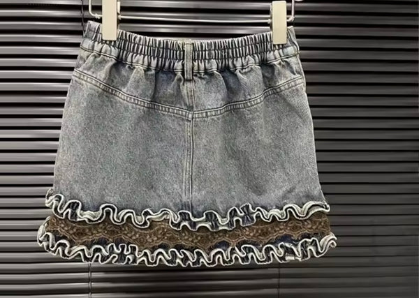 Women Fashion Color Ruffled Full Sleeve Denim Two Piece Skirt Set
