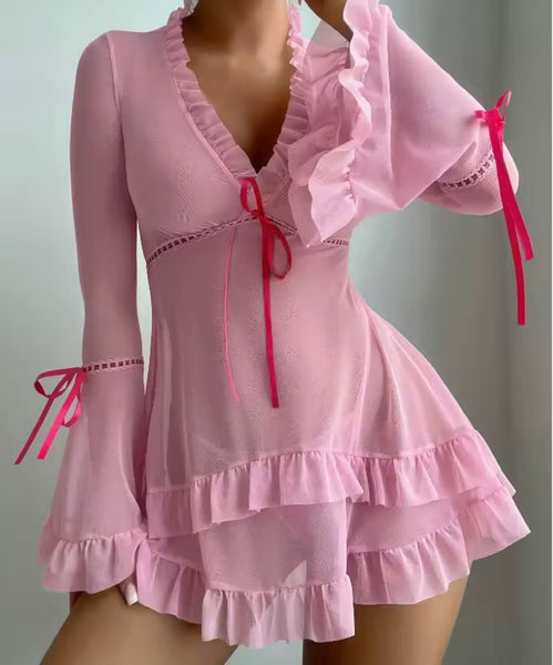 Women Sexy Bow Mesh Ruffled Full Sleeve Lingerie Set
