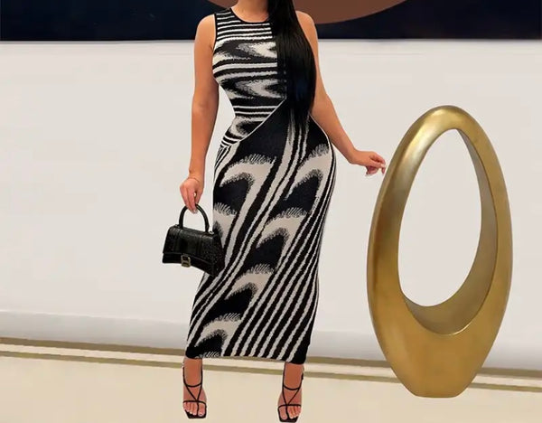 Women Sexy Sleeveless Color Patchwork Printed Maxi Dress