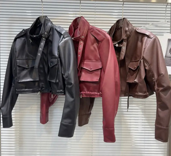 Women Color Fashion Faux Leather Jacket