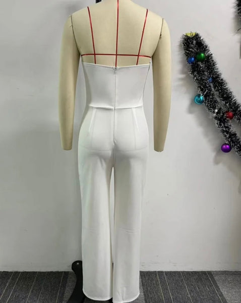 Women Sexy Button Strapless Solid Color Jumpsuit