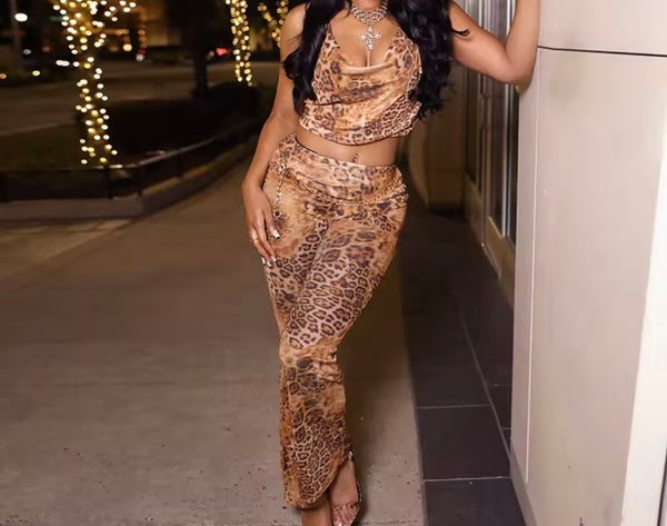 Women Sexy Leopard Halter Sleeveless Two Piece Pant Set