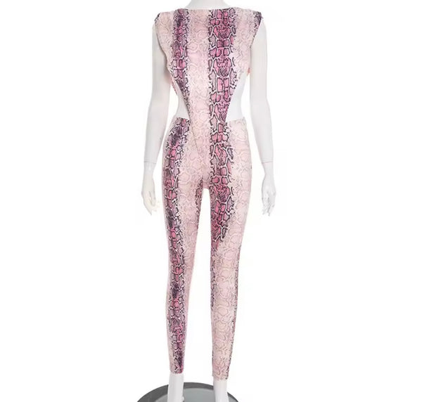 Women Sexy Sleeveless Pink Serpentine Two Piece Pant Set