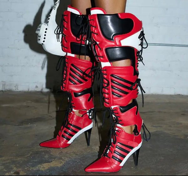 Women Fashion Color Patchwork Lace Up Over The Knee Boots