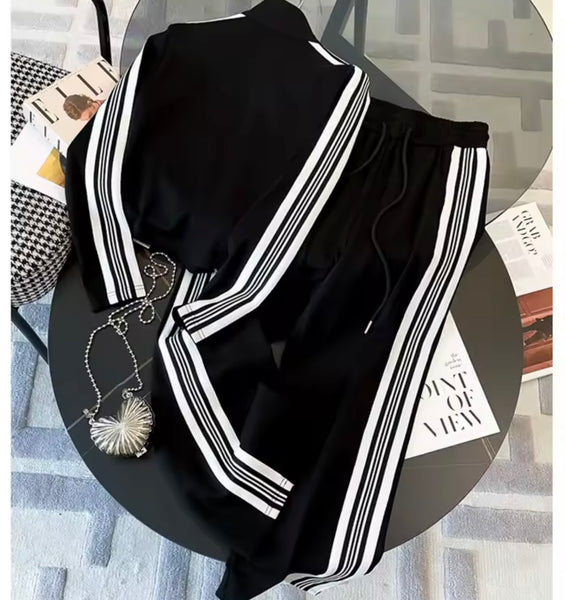 Women Zip Up Striped Fashion Tracksuit Two Piece Pant Set