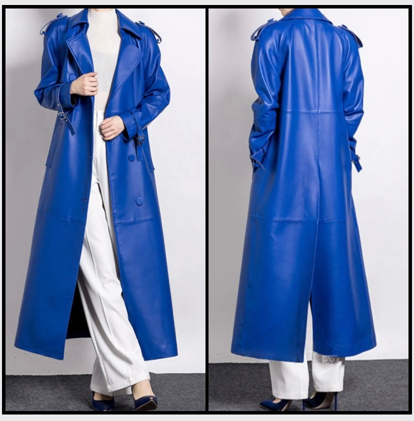 Women Blue Faux Leather Fashion Trench Jacket