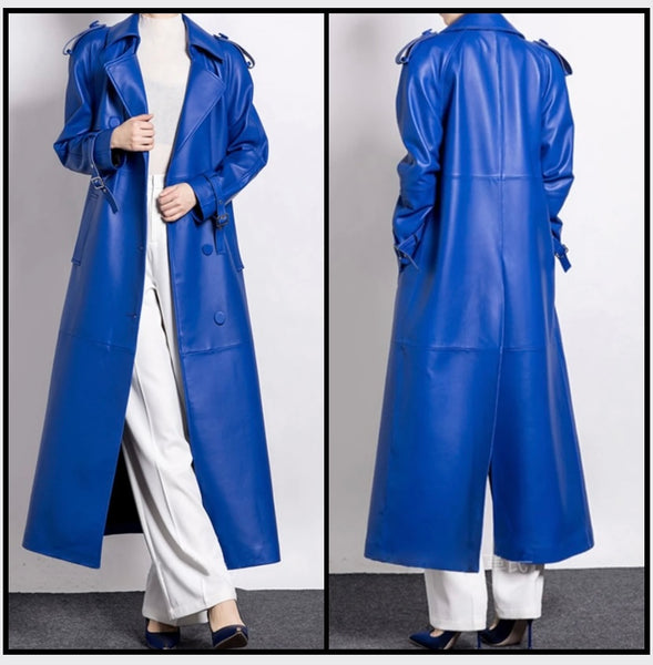 Women Blue Faux Leather Fashion Trench Jacket