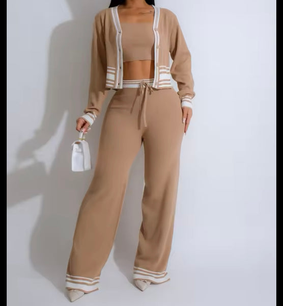 Women Fashion Color Patchwork Full Sleeve Three Piece Pant Set