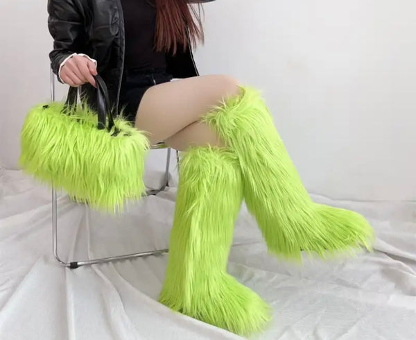 Women Fashion Color Faux Fur Knee High Boots Purse Set