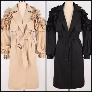 Women Color Fashion Ruffled Belted Trench Jacket