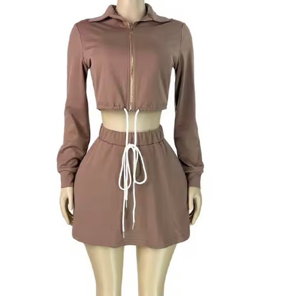 Women Zip Up Drawstring Full Sleeve Two Piece Skirt Set
