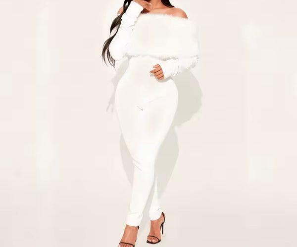 Women Fur Off The Shoulder Full Sleeve Fashion Jumpsuit