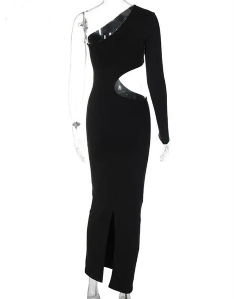 Women Sexy One Shoulder Full Sleeve Cut Out Maxi Dress