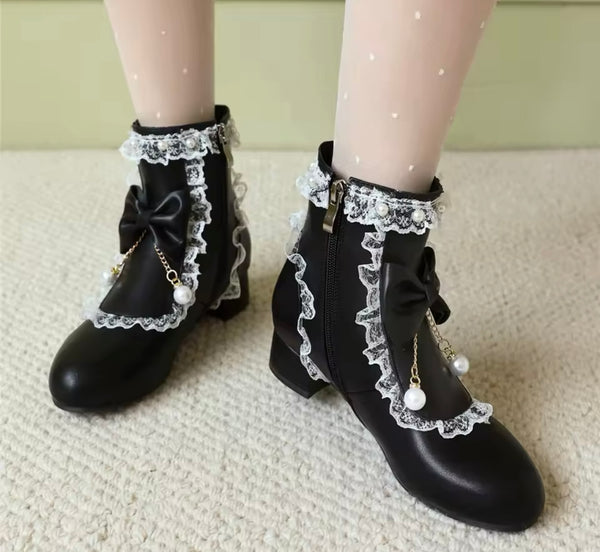 Women Fashion Pearl Color Patchwork Ruffled Bow Flat Ankle Boots