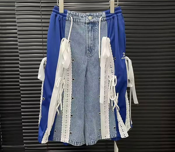 Women Fashion Color Patchwork Lace Tie Up Denim Capri Pants